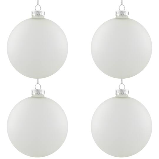 4ct. 4" White & Silver Frosted Matte Glass Ball Ornaments